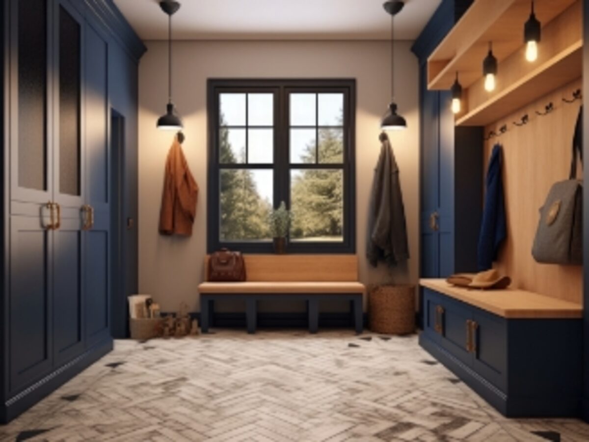 Custom mudroom bench with lockers and hooks